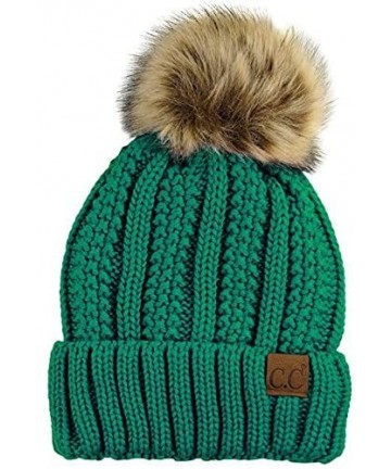 Skullies & Beanies Quality Women's Faux Fur Pom Fuzzy Fleece Lined Slouchy Skull Thick Cable Beanie hat - Sea Green - CL1896Q...