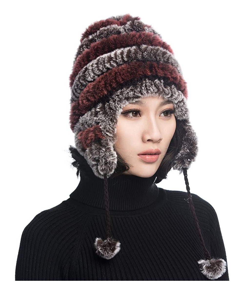 Bomber Hats Women's Rex Rabbit Fur Hats Winter Ear Cap Flexible Multicolor - Coffee & Pink - CK11FG5AP5P $28.35