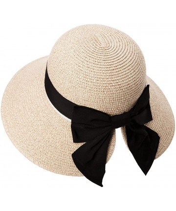 Sun Hats Wide Brim Packable Womens Straw Cloche Ponytail Sun Hat Fedora Summer Beach Panama Beige 56-58cm - C618DCQUYES $23.79