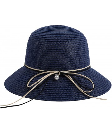 Sun Hats Wide Brim Summer Beach Sun Straw Hats for Women UPF 50 Foldable Floppy - Navy - CQ18XO4IY3W $19.43