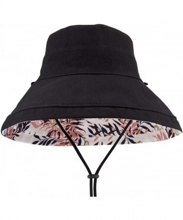Sun Hats Cotton Linen Wide Brim Bucket Hats for Women Foldable Beach Sun Protection Hats with Chin Strap - Floral-black - CV1...