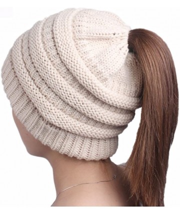 Skullies & Beanies Ponytail Messy BeanieTail Knit Bun Hat Cable Knit Hat Winter Baggy Wool Skull Cap - Beige - CO187DEI58R $2...
