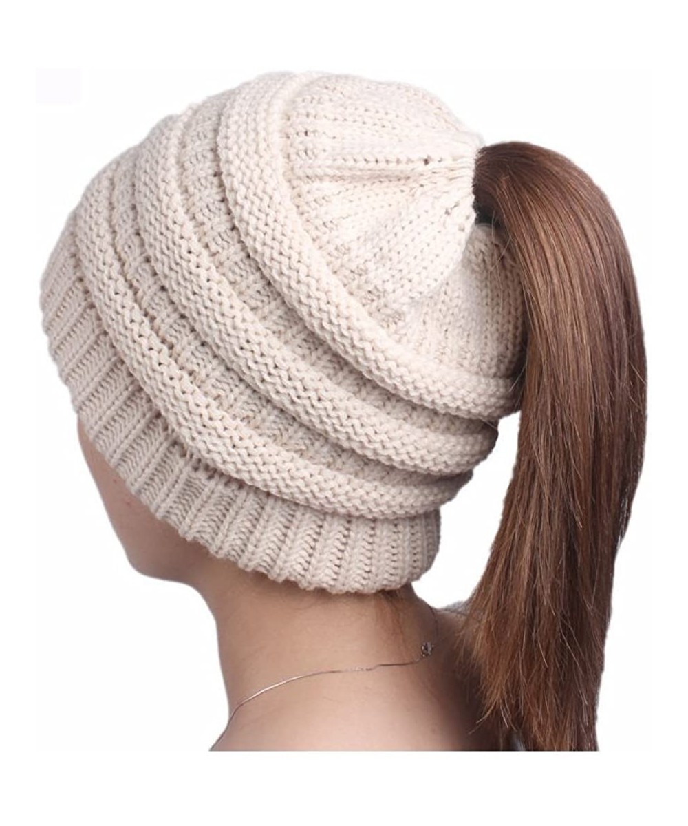 Skullies & Beanies Ponytail Messy BeanieTail Knit Bun Hat Cable Knit Hat Winter Baggy Wool Skull Cap - Beige - CO187DEI58R $1...