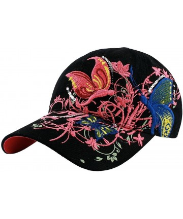 Baseball Caps Women Casual Embroidered Butterfly/flower Baseball Cap Fashion Hat - Black - C311AJ0K59D $22.56