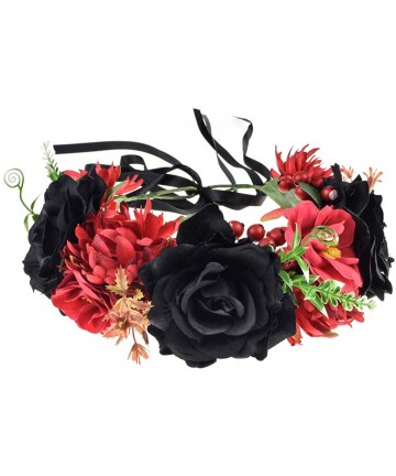 Headbands Day of The Dead Flower Headband Rose Flower Crown Headpiece - Red Black - CD18WIL463Q $25.66