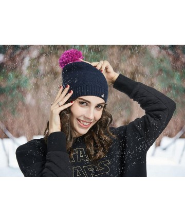 Skullies & Beanies Pom Pom Slouchy Beanie-Winter Mix Knit Ski Cap Skull Hat for Women & Men - Plain Style Rose Red - CX186HLN...