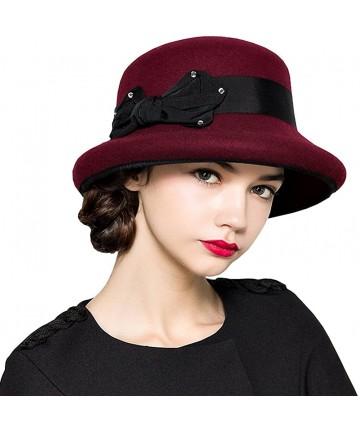 Fedoras Women's Bow Flowers Wool Felt Bowler Hat - Wine Red - CS12MCIFWKR $42.85