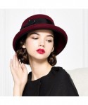 Fedoras Women's Bow Flowers Wool Felt Bowler Hat - Wine Red - CS12MCIFWKR $42.85