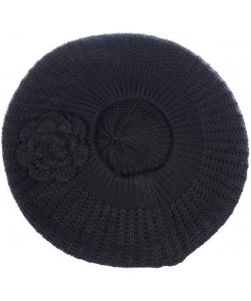Berets Ladies Winter Solid Chic Slouchy Ribbed Crochet Knit Beret Beanie Hat W/WO Flower Adornment - C518HDX4TO5 $17.78
