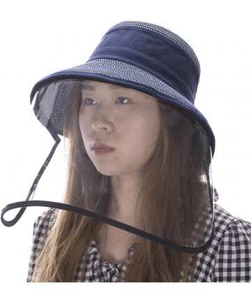 Bucket Hats Packable UPF Straw Sunhat Women Summer Beach Wide Brim Fedora Travel Hat 54-59CM - 00770_navy(with Face Shield) -...