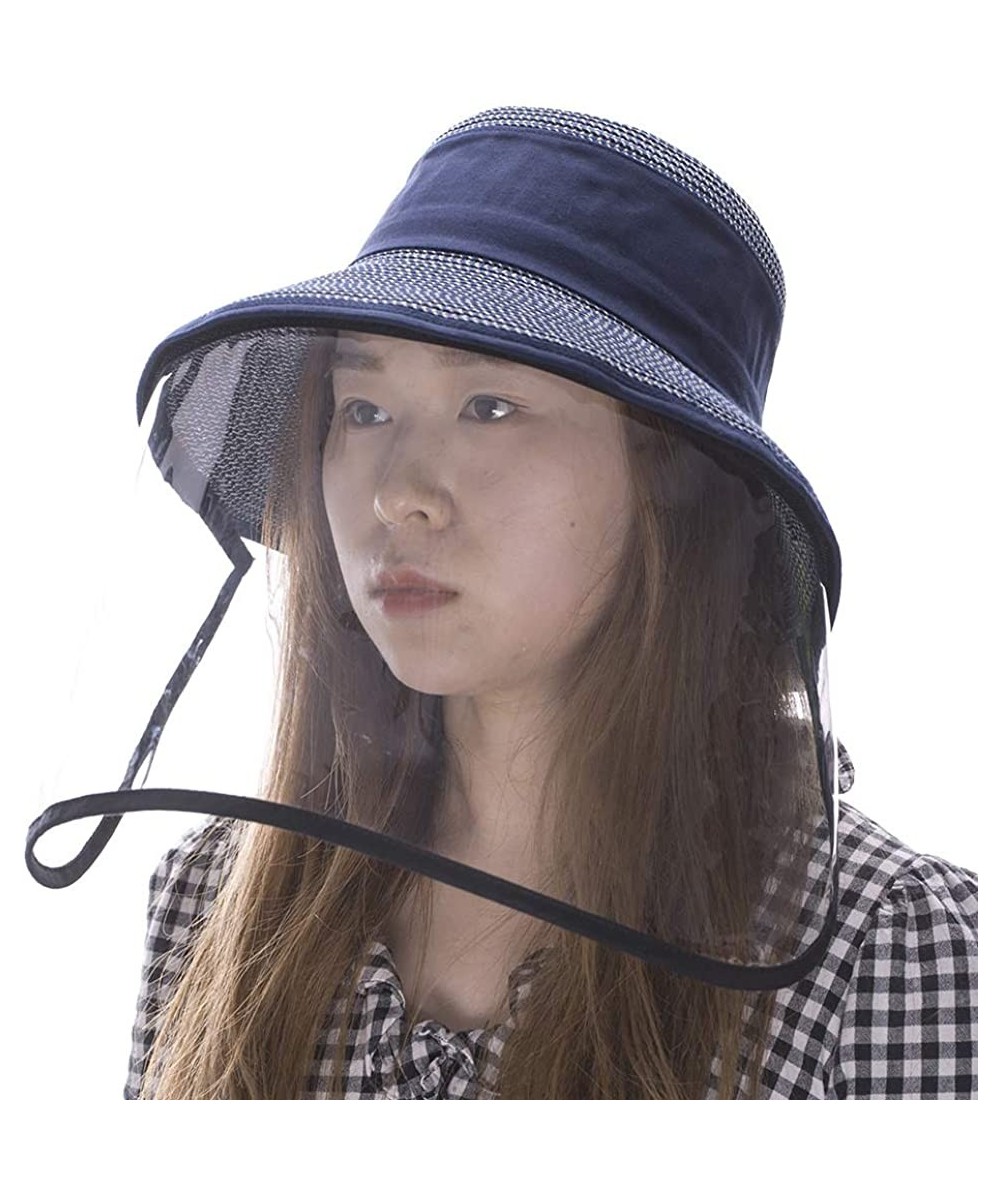 Bucket Hats Packable UPF Straw Sunhat Women Summer Beach Wide Brim Fedora Travel Hat 54-59CM - 00770_navy(with Face Shield) -...