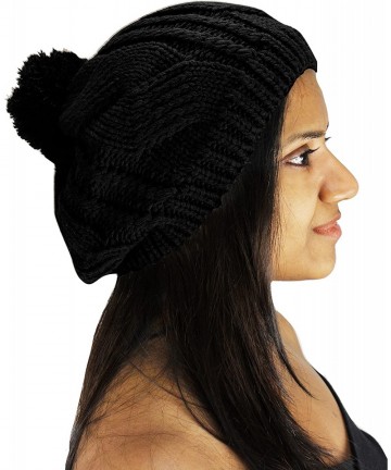 Skullies & Beanies Stylish Thick Chunky Cable Knit Pom Pom Slouch Beanie Hat - Black - CZ11QH13E1P $17.74