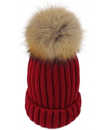 Skullies & Beanies Winter Knitted Beanie Hat Soft Warm Wool Hat with Removable Faux Fur Pom Pom - Wine Red - CJ18IHG3IWQ $25.42