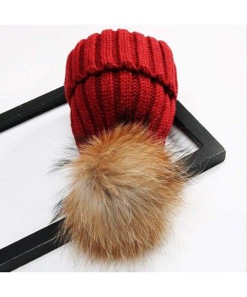 Skullies & Beanies Winter Knitted Beanie Hat Soft Warm Wool Hat with Removable Faux Fur Pom Pom - Wine Red - CJ18IHG3IWQ $16.52