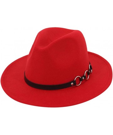 Fedoras Mens Fedora Hat Faux Felt Wide Brim Belt Buckle Cowboy Hat - A Red - CY1933YE5S8 $15.35