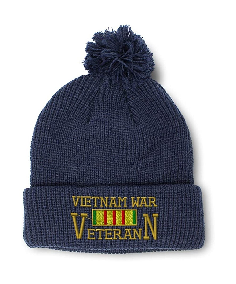 Skullies & Beanies Winter Pom Pom Beanie Men & Women Vietnam Veteran War A Embroidery Skull Cap Hat - Navy - C518A00MTHW $18.81