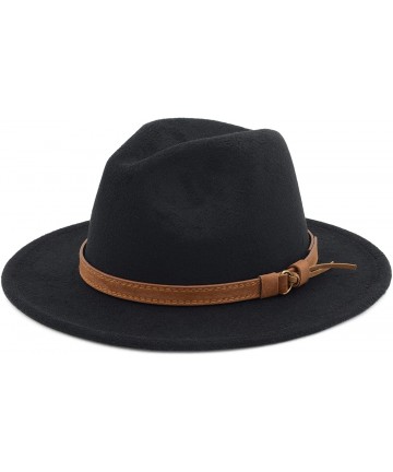 Fedoras Classic Wide Brim Women Men Fedora Hat with Belt Buckle Felt Panama Hat - Black - CT18ZCQIN4D $18.54