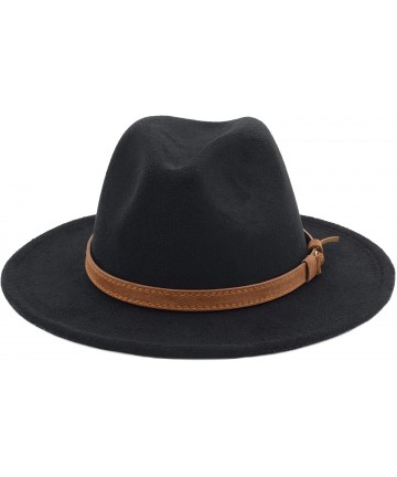 Fedoras Classic Wide Brim Women Men Fedora Hat with Belt Buckle Felt Panama Hat - Black - CT18ZCQIN4D $18.54