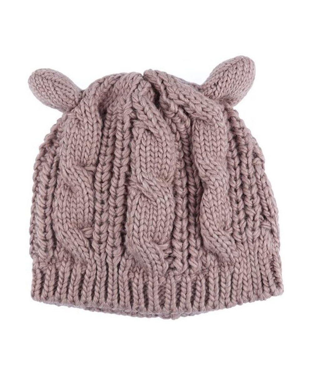 Berets Women Winter Wool Baggy Beret Beanie Cute Devil Cat Ear Crochet Braided Knit Hat Ski Cap - Khaki - CE199OWASYK $15.30