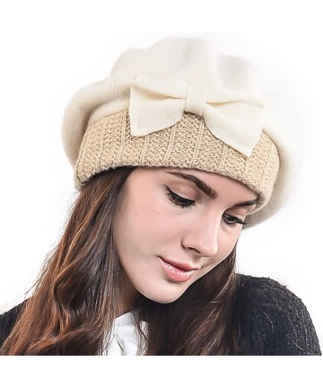 Berets Lady French Beret 100% Wool Beret Chic Beanie Winter Hat HY023 - Knit-ivory - CL12NZYLB2T $23.39