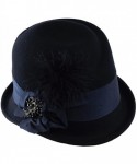 Bucket Hats Rhinestone Pendant Feather Band Accent Wool Felt Bucket Cloche Hat - Navy - CE11P3HOW8X $21.25