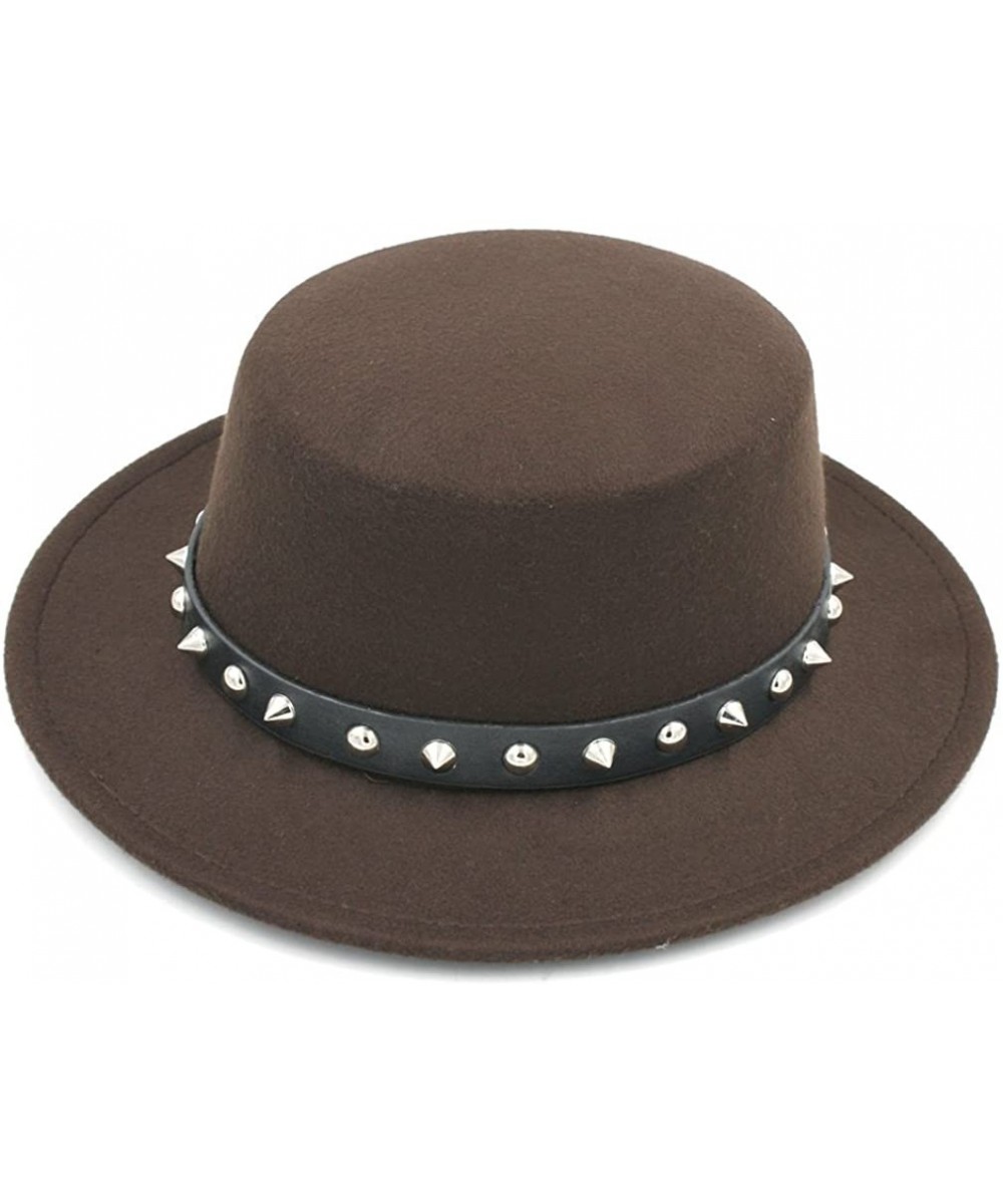 Fedoras Women Ladies Wool Blend Boater Hat Wide Brim Pork Pie Caps Rivets Leather Band - Coffee - CY18H3KC7G4 $17.41