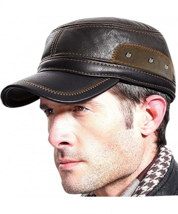 Newsboy Caps Winter Leather Cap with Earflap Military Cadet Army Flat Top Hat Outdoor - Black+brown 1 - C11860K4QLS $23.70