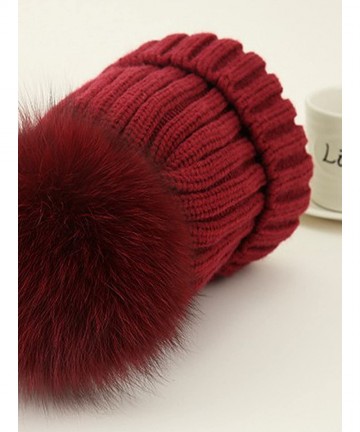 Skullies & Beanies Women Winter Kintted Beanie Hats with Real Fox Fur Pom Pom - Wine Red - CZ12NTGH8HF $22.07