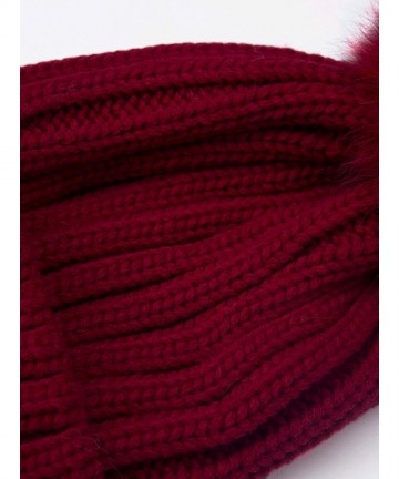 Skullies & Beanies Women Winter Kintted Beanie Hats with Real Fox Fur Pom Pom - Wine Red - CZ12NTGH8HF $22.07