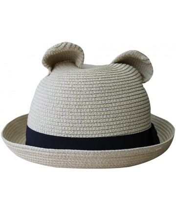 Sun Hats Women's Cute Cat Ear Round Top Bowler Straw Sun UV Summer Beach Roll-up Hat Cap - Biege - C812FK8ANOP $20.63