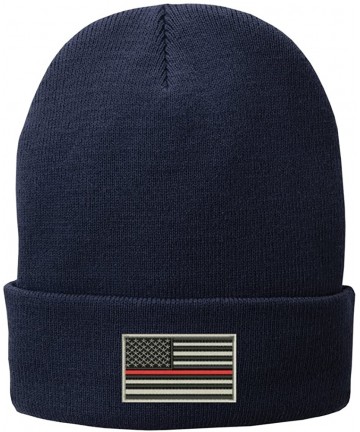 Skullies & Beanies US American Flag Thin Red Line Fire FD Embroidered Winter Folded Long Beanie - Navy - C812MZD6QSL $20.54