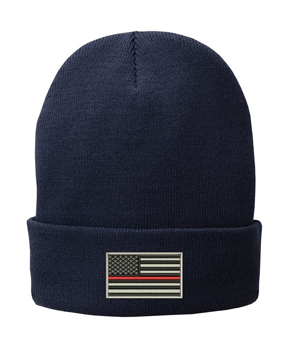 Skullies & Beanies US American Flag Thin Red Line Fire FD Embroidered Winter Folded Long Beanie - Navy - C812MZD6QSL $20.54