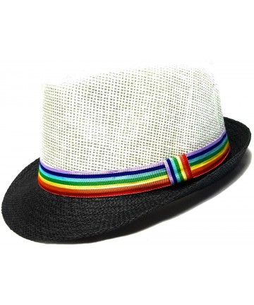 Fedoras Super Cute Natural Paper Straw Fedora Hat with Rainbow Ribbon Hatband - White and Black - CW18CZ8SRL8 $23.12