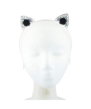 Headbands Silver Tone Cat Ear Drop Shape Rhinestones Black Flower Headband - C118IHIMWHH $15.23