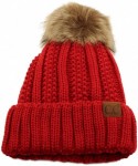 Skullies & Beanies Winter Sherpa Fleeced Lined Chunky Knit Stretch Pom Pom Beanie Hat Cap - Solid Red - CT18K2RURKN $15.07