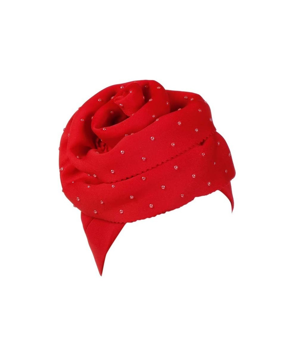 Skullies & Beanies Fashion Women Floral Beading Keep Warm Solid Hat Beanie Turban Head Wrap Cap - Red - C818NEST5ZQ $12.48