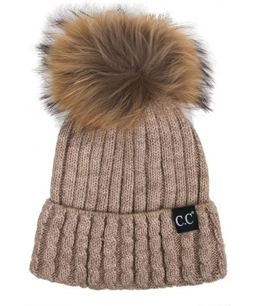 Skullies & Beanies Black Label Ribbed Real Racoon Fur Knitted Cuffed Beanie with Pom Pom - Taupe - CM187GL8NWR $44.61