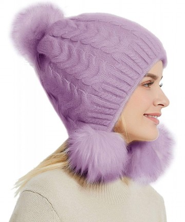 Skullies & Beanies Womens Winter Knit Slouchy Beanie Hat Faux Fur Pom Pom Warm Knitted Skull Cap - Purple - C318X8RHQQ2 $12.14