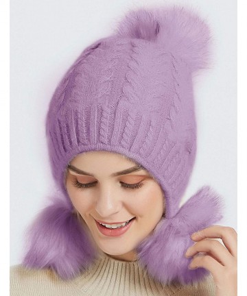 Skullies & Beanies Womens Winter Knit Slouchy Beanie Hat Faux Fur Pom Pom Warm Knitted Skull Cap - Purple - C318X8RHQQ2 $12.14