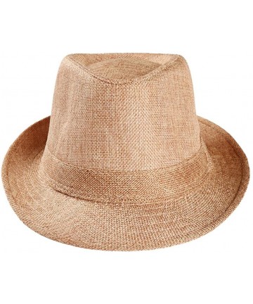 Sun Hats Women Men's Summer Short Brim Straw Fedora Beach Sun Hat Jazz Cap - Khaki - CF18G9YZ6OG $12.04