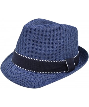 Fedoras Premium Classic Fedora Straw Hat with Navy Striped Trim Band - Diff Colors Avail - Navy Blue - CG12C74BORB $14.73