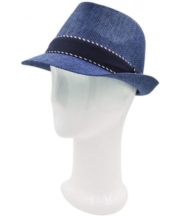Fedoras Premium Classic Fedora Straw Hat with Navy Striped Trim Band - Diff Colors Avail - Navy Blue - CG12C74BORB $14.73