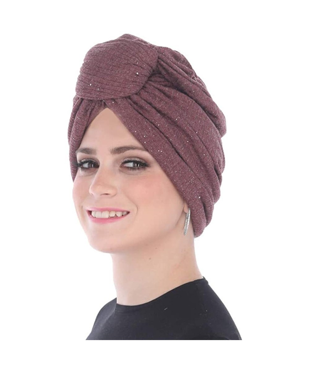 Skullies & Beanies Turban Headwraps for Women Featuring a Pretied Front Knot & Soft Sparkle Finish for Cancer - Burgundy - CC...