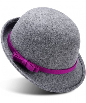 Fedoras Women's 100% Wool Felt Round Top Cloche Hat Fedoras Trilby with Bow Band - Grey - CH12O1VV6P6 $73.32