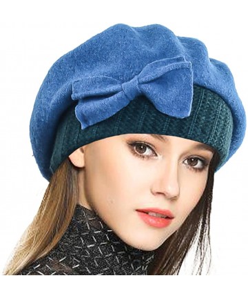 Berets Lady French Beret 100% Wool Beret Floral Dress Beanie Winter Hat - Bow-turquoise - C812O3K6HF9 $26.74