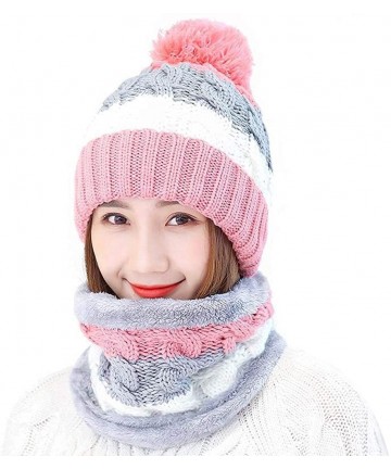 Skullies & Beanies Fleece Lined Women Knit Beanie Scarf Set for Girl Winter Ski Hat with Pompom - C1-pink - C718AY958YM $22.61