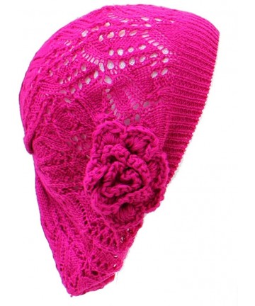Berets Open Weave Womens Crochet Mesh Beanie Hat Flower Fashion Soft Knit Beret Cap - Fuchsia Leafy - C312BDHT9NT $14.43