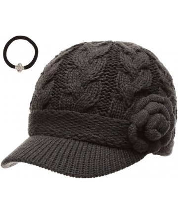 Skullies & Beanies Women's Cable Knitted Double Layer Visor Beanie Hats with Hair Tie - Floral Charcoal - CA12NTZ3WAL $25.10