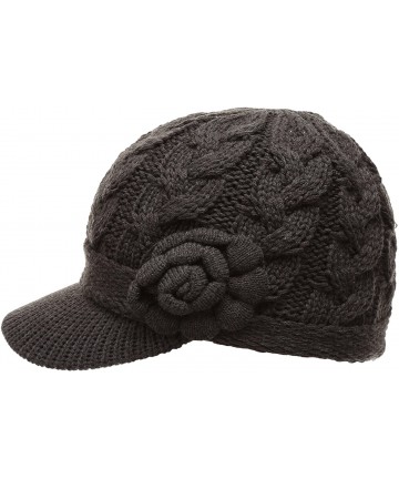 Skullies & Beanies Women's Cable Knitted Double Layer Visor Beanie Hats with Hair Tie - Floral Charcoal - CA12NTZ3WAL $25.10