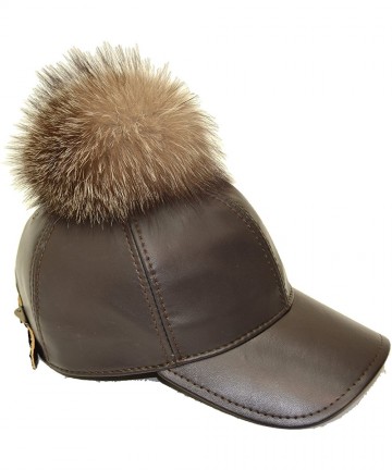Baseball Caps Genuine Leather Real Fox Fur Pom Pom Adjustable Baseball Cap - Brown Leather Crystal Fur - CF12D9AJM7F $76.48